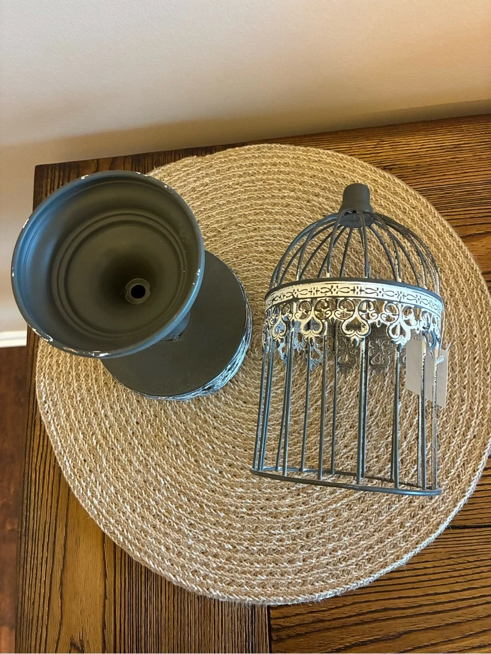 Hobby Lobby Decor Set of 2 Charcoal Gray/White Birdcage & Dark Brown Tray/Basket